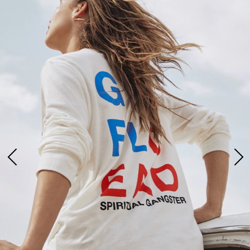 Spiritual Gangster White Long Sleeve Tee with Blue and Red Graphics
